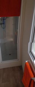 a bathroom with a shower with an orange towel at Daisie in Selsey