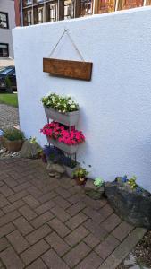 eine weiße Wand mit zwei Pflanzgefäßen voller Blumen in der Unterkunft Ferienwohnung Friedrichsruh in Braunlage
