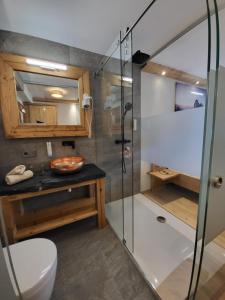 uma casa de banho com um chuveiro e um WC. em Adler Hotel-Pension em Fulpmes