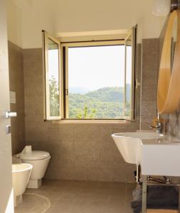 uma casa de banho com um lavatório, um WC e uma janela. em Azienda Agricola Sebastiani em Cittaducale