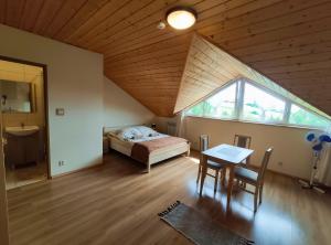 een slaapkamer met een bed, een tafel en een raam bij Widok apartamenty domki pokoje 725 -258 -751 in Polańczyk