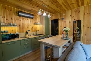cocina con armarios verdes y techo de madera en Blackbox House Noszvaj, en Noszvaj
