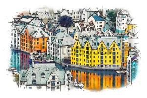 a drawing of a city with yellow buildings at Charming apartment in Ålesund center with free parking in Ålesund