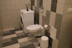 een badkamer met een wit toilet en een vuilnisbak bij Studio in the city center in Rīga
