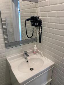 een wastafel in de badkamer met een föhn en een spiegel bij beau studio au bord de la mer in Blonville-sur-Mer +4 foto's