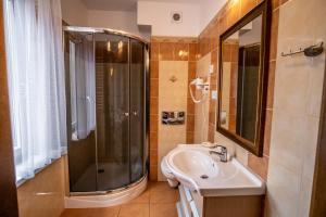 a bathroom with a shower and a sink at Nad Zatoką in Bryzgiel