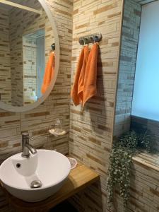 W łazience znajduje się umywalka i lustro. w obiekcie Villa Mariett w mieście Kuressaare