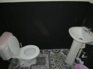 a bathroom with a white toilet and a sink at Buckingham Villa & Suites Room # 6- Garden View in Buff Bay