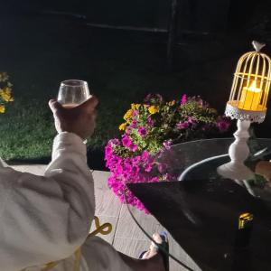 a person holding a glass of wine next to a table with flowers at Casa Prana in Ávila