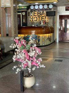 a potted tree in the middle of a lobby at Teba Hotel Ras Elbar in Ras El Bar