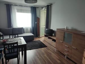 a living room with a couch and a table and a tv at Warsaw Apartment Iwona - all 45m2 - close to the centre in Warsaw