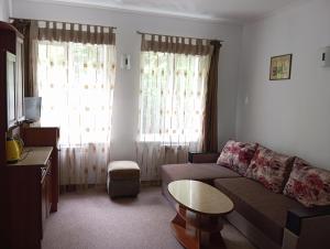 a living room with a couch and two windows at Prestige in Lviv