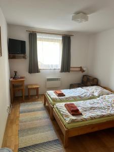 a bedroom with two beds and a window at Penzion Pažický in Stará Lesná