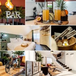a collage of photos of a hotel room with a bed and drinks at Le Prestige* * * * - Minibar Gratuit - Parking in Saint-Pierre