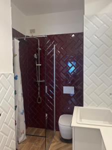a bathroom with a toilet and a glass shower at Il primo sasso in Matera
