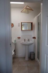 a bathroom with a sink and a toilet and a mirror at Obsidian: Arguably the best view in Portballintrae in Portballintrae +11 photos