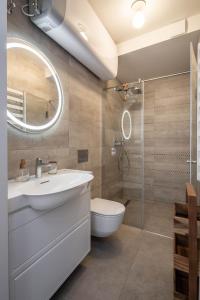 a bathroom with a sink and a toilet and a shower at Nauji apartamentai! Pamario 14 in Nida