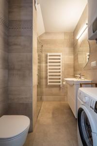 a bathroom with a toilet and a sink and a washing machine at Nauji apartamentai! Pamario 14 in Nida