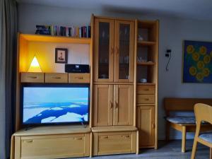 een woonkamer met een televisie en een houten entertainmentcentrum bij "Ferienhaus Moll" in Grömitz