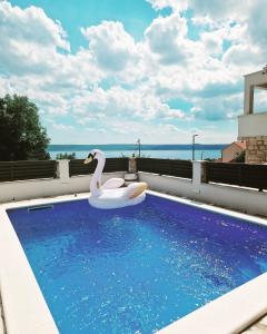 un flotador de cisnes en una piscina en un balcón en Shine Luxury, en Maslenica