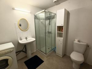 a bathroom with a shower and a toilet and a sink at T2 avec patio proche stade de rugby in Montpellier