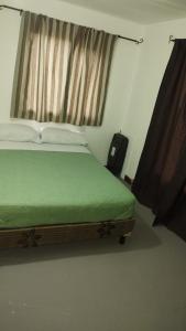 a bedroom with a green bed with a window at Hogar del Sur in Tolhuin