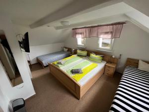 Dormitorio pequeño con cama grande y TV en Pension Alpenrose, en Bad Schandau