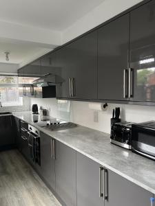 una cocina con electrodomésticos de acero inoxidable y armarios negros en Warner Brothers House en Watford