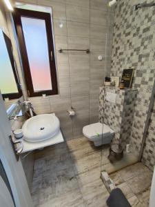 ein Bad mit einem Waschbecken und einem WC in der Unterkunft Happy Home in Călimăneşti
