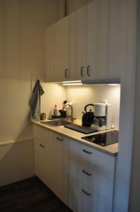 a small kitchen with white cabinets and a sink at Apartment in Praha 3 in Prague