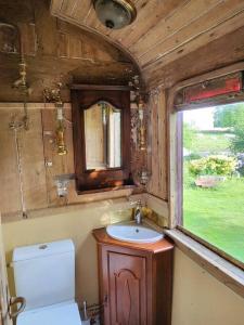 a bathroom with a sink and a toilet and a window at L'Express Voiture-Salon n°14630 in Sierville