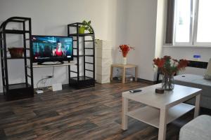 a living room with a television and a table at Apartment in Praha 3 in Prague