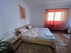 a small bedroom with a bed and a window at Casa Corina in Vişeu de Sus