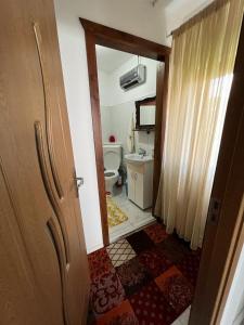 a small bathroom with a toilet and a door at Casa Corina in Vişeu de Sus +6 photos