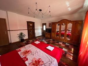 a bedroom with a bed with a red blanket at Casa Corina in Vişeu de Sus +2 photos
