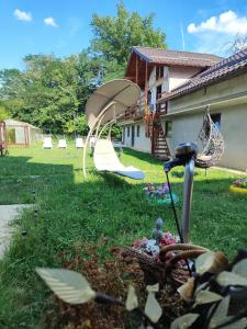 a garden with a playground and a swing set at Happy Home in Călimăneşti