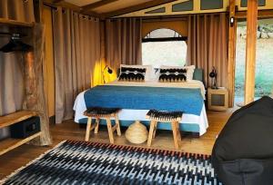 um quarto com uma cama e duas cadeiras num quarto em Glamping - Il Giardino di San Giorgio em Montorgiali