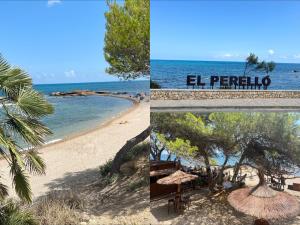 two pictures of a beach with a tree and the ocean at Chalet Espagne EL FARO 4/6p in Camarles