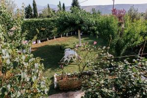 a garden with a white chair sitting in the grass at Anastasia's Apartment in Ioannina