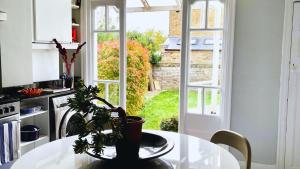 uma cozinha com uma mesa com um vaso de plantas em Lovely 3-Bed Apartment & garden & dog friendly em Londres