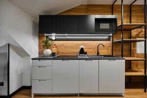 a kitchen with white cabinets and a microwave at TATRA NEST - Apartamenty z Jacuzzi i SPA in Biały Dunajec +54 photos