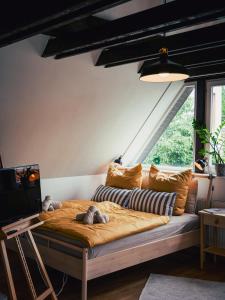 ein Wohnzimmer mit einem Sofa und einem TV in der Unterkunft Gemütliche Oase in Detmolder City in Detmold