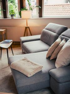ein Wohnzimmer mit 2 Sofas und einem Tisch in der Unterkunft Gemütliche Oase in Detmolder City in Detmold