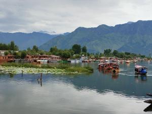 a group of boats in a body of water with mountains at Bombay Heritage Group of House boat in Srinagar