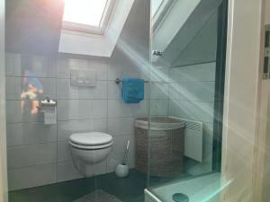 Un baño con inodoro y ducha de cristal. en Willkommen Zuhause - Traumhafte, zentrale Ferienwohnung in Kurstadt, en Bad Oeynhausen 7 fotos más