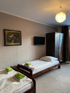 two beds in a room with a tv on the wall at NIEZAPOMINAJKA in Szczyrk