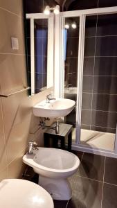 La salle de bains est pourvue d'un lavabo, de toilettes et d'un miroir. dans l'établissement Solar dos Carvalhos - Apartamentos de Turismo, à Nazaré