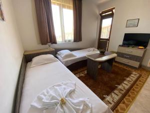 オブゾルにあるApartments Yanaのベッド2台とテレビが備わるホテルルームです。