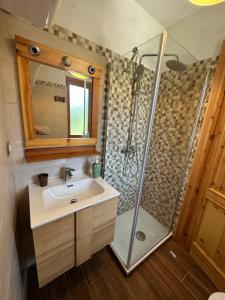La salle de bains est pourvue d'un lavabo et d'une douche. dans l'établissement La casa di Fantalegno, à Camigliatello Silano