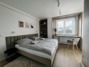 - une chambre avec un lit, une chaise et une fenêtre dans l'établissement Penthouse Słoneczna Rapsodia, à Rabka-Zdrój